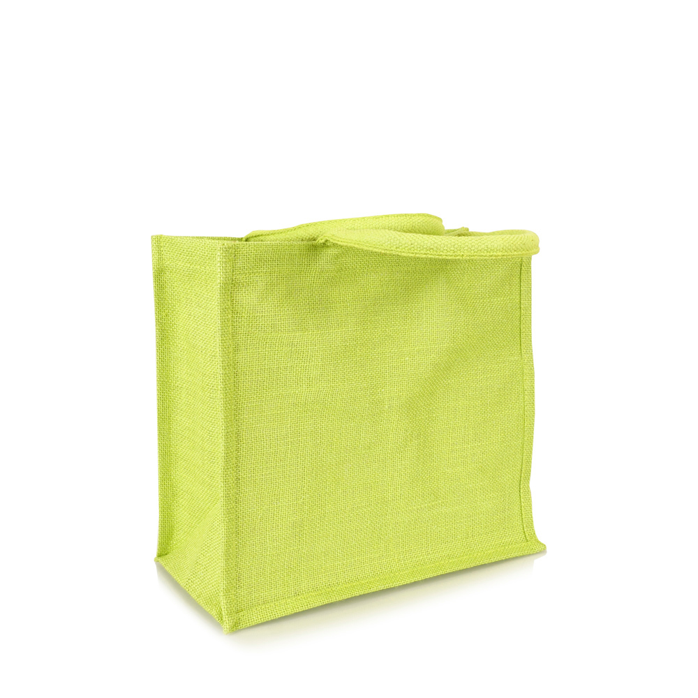 Jutetasche-Tragetasche-klein-gefärbt-hellgrün-für-Werbedruck-Perspektive-vom-Großhändler