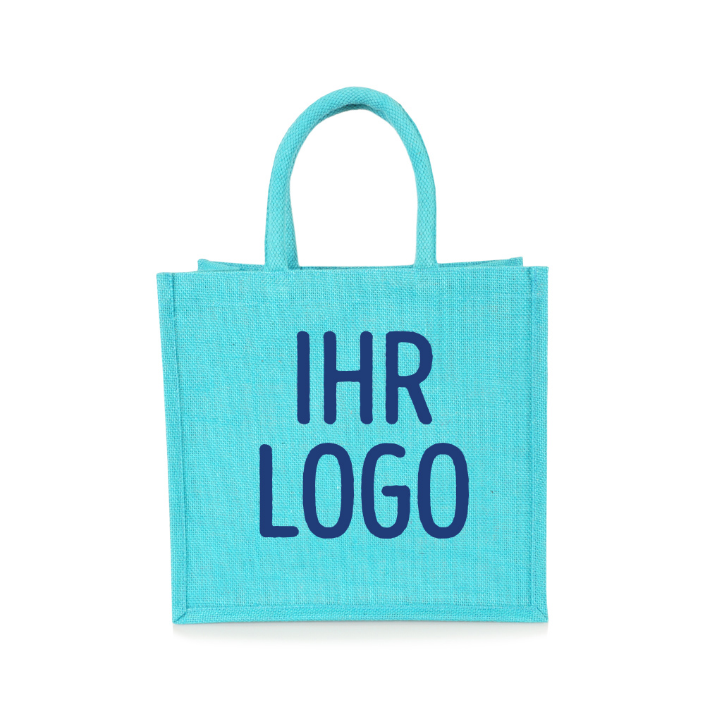 Jutetasche-Tragetasche-klein-gefärbt-hellblau-zum-Bedrucken-mit-Logodruck